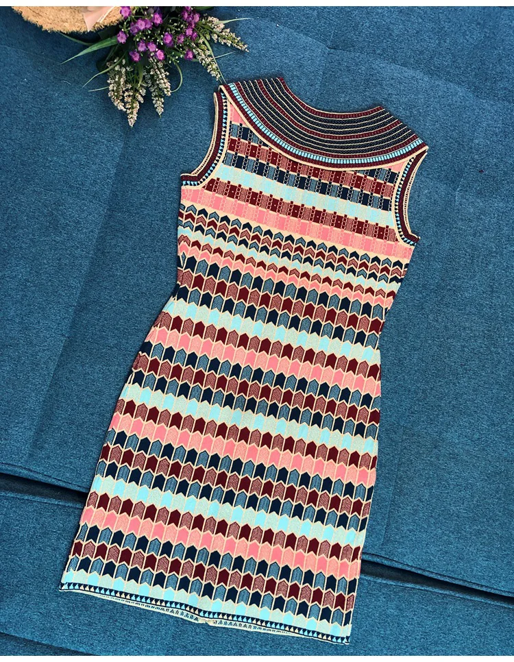 Роскошное Брендовое дизайнерское вязаное платье для женщин Винтажный геометрический воротник Питер Пэн без рукавов трикотажное платье