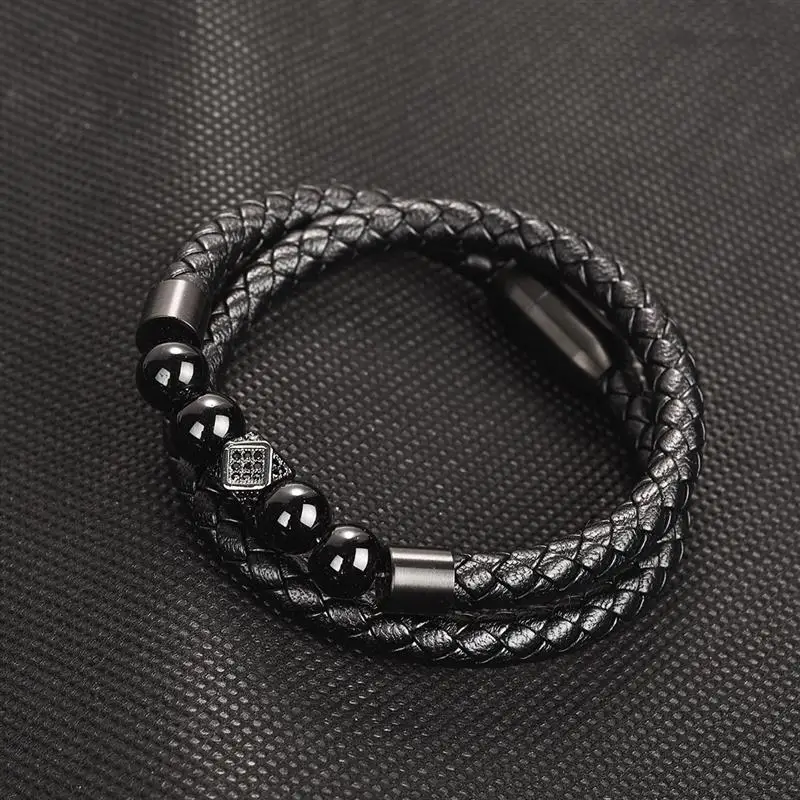 Jiayiqi рок натуральный камень браслет из бисера ручной работы Черная кожа нержавеющая сталь магнитный плетеный браслет для мужчин и женщин ювелирные изделия