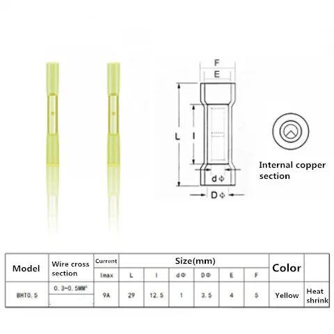 10/20/25/50 шт тепла клемма с термоусадочной изоляцией изолированный стыковой электрический соединитель разъемы проводов кабеля обжимной вывод соединитель AWG 22-10 - Цвет: BHT0.5