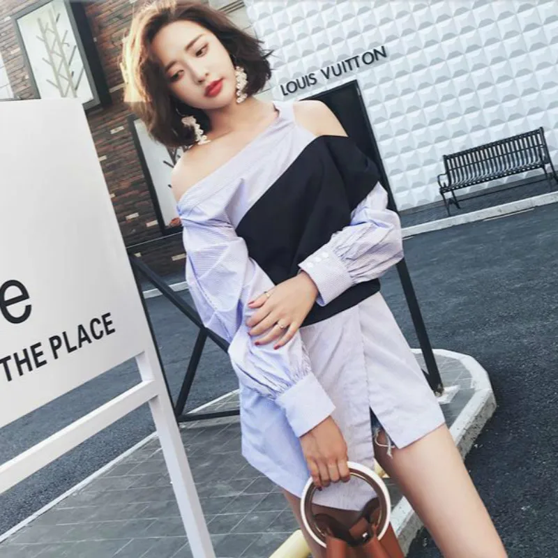 

2019 New Fake Two Piece Shirt Spring Tops for Women Skew Collar Asymmetric Blouse Off Shoulder Irregular Shirt A743