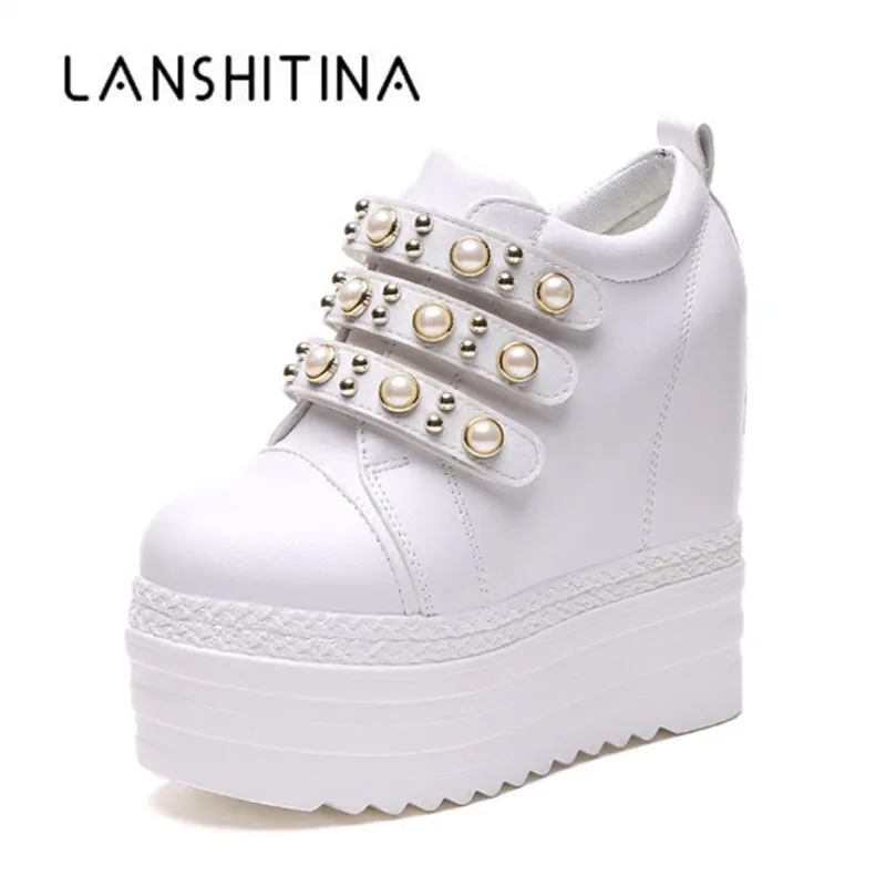 

2018 Autumn Woman Ankle Boots High Heels Platform Shoes Height Increased 13CM Breathable Sneakers High Top White Casual Shoes
