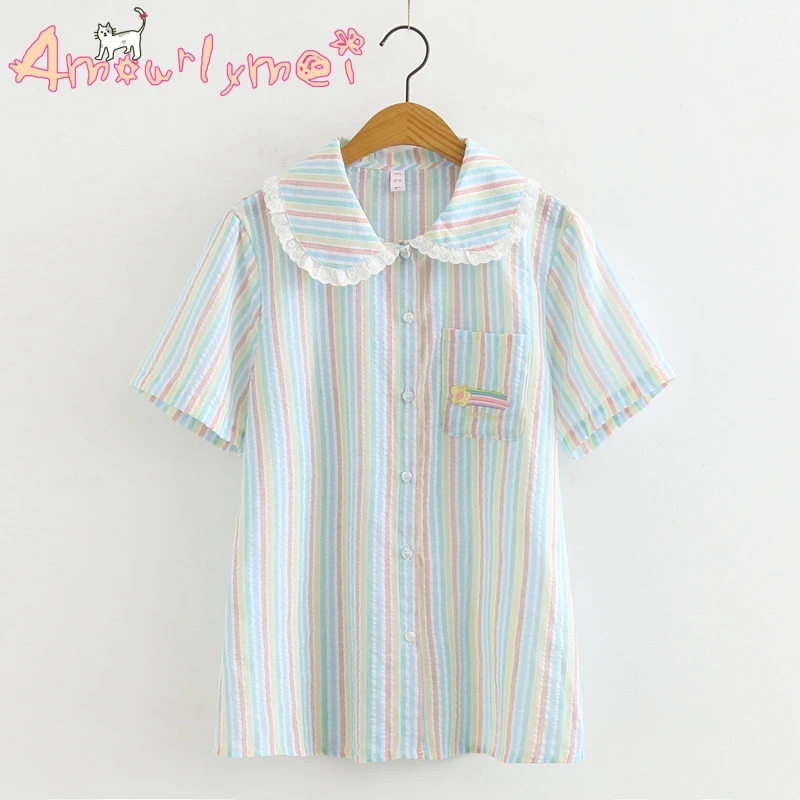 

Japanese Style Mori Girl Sweet Lace Peter Pan Collar Rainbow Embroidered Striped Short Sleeve Shirt Tops