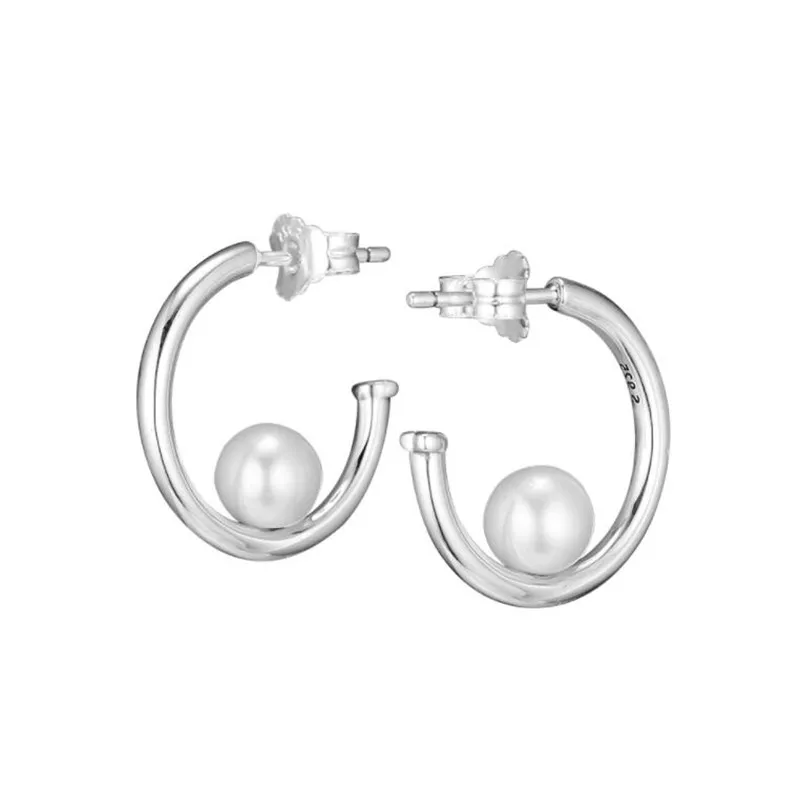 

Authentic 100% 925 Sterling Silver Contemporary Pearl Hoop Earring For Women Wedding Party Jewelry Original 2018 Winter