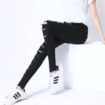 

BONJEAN Holes Sexy Skinny White Jeans femme 2018 Summer Fashion Elastic Slim Denim Pencil Pants Plus Size Ripped Jeans For Women