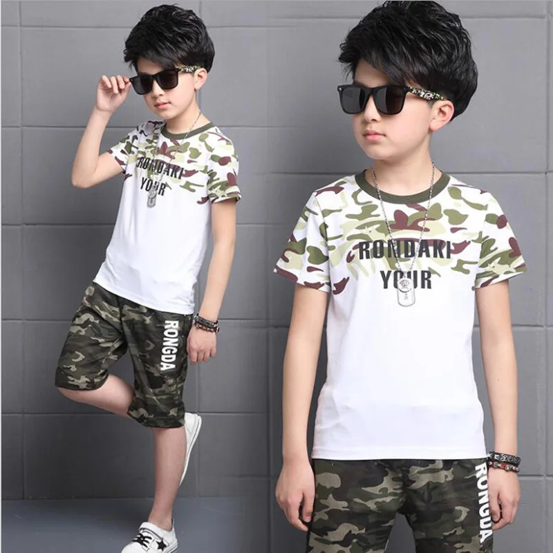 2019 summer boys teenage sport sets kids short sleeves T-Shirt + camouflage shorts suits boys clothes sets 3-10T (3)