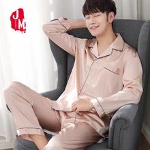 Pyjama Satin Мужская пижама Solid Two-Piece Sleep Silk Sleepwear для мужчин костюм осень с длинным рукавом Pijama Man летняя домашняя одежда
