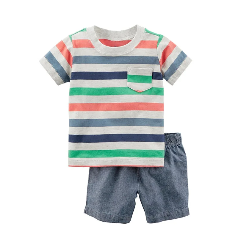 Детская одежда для мальчиков летний стиль для новорожденных одежда для малышей Поло футболка+ укороченные штаны 2 шт. Спортивная Одежда для мальчиков младенцев bebe комплект - Цвет: Orange green stripe