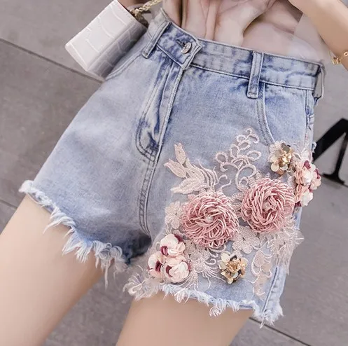 

embroidery Three-dimensional flowers denim shorts female nail beads with diamond lace shredded flower bristles wide-legged pants