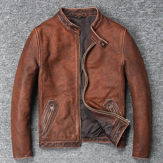 Vintage Brown 100 Cow Skin Leather Jackets For Men Slim Retro Real