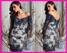 Hot Sell Navy Blue Sexy Off the Shoulder Lace Short Cocktail Evening Dress With Long Sleeves E5360 blue off shoulder stripe pattern blouse with long sleeves