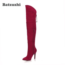 Batzuzhi-Botas Mujer/красные замшевые кожаные сапоги женские зимние сапоги до колена на каблуке 9,8 см с острым носком пикантная женская обувь на молнии размер 5,5-10,5