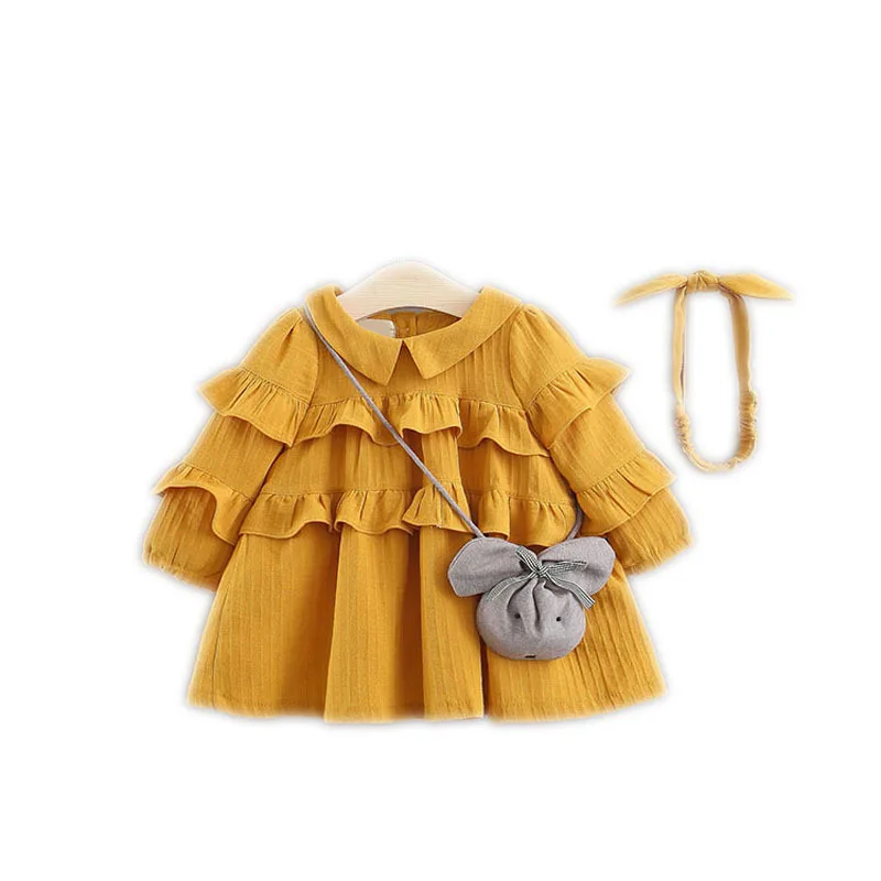 Детский весенний кардиган с оборками и длинными рукавами для маленьких детей; платья принцессы для девочек; коллекция года; платье-пачка Vestido+ повязка на голову; S8230