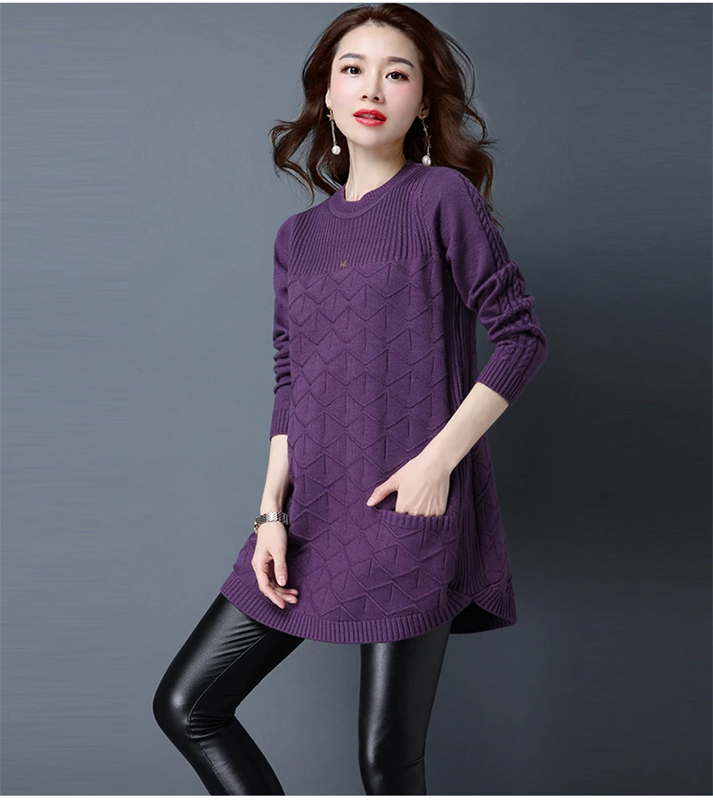Arfreeker Повседневный свитер пуловер для женщин длинный Круглый вырез вязаный осенний Черный Фиолетовый Повседневный пуловер свитера Новинка