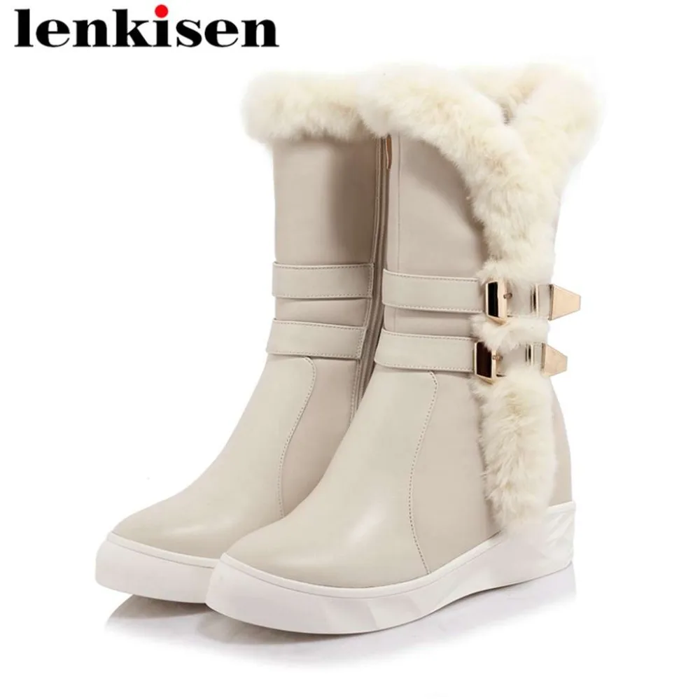 

Lenkisen winter comfortable snow boots cow leather platform high bottom metal buckle real fur round toe european style boots L64