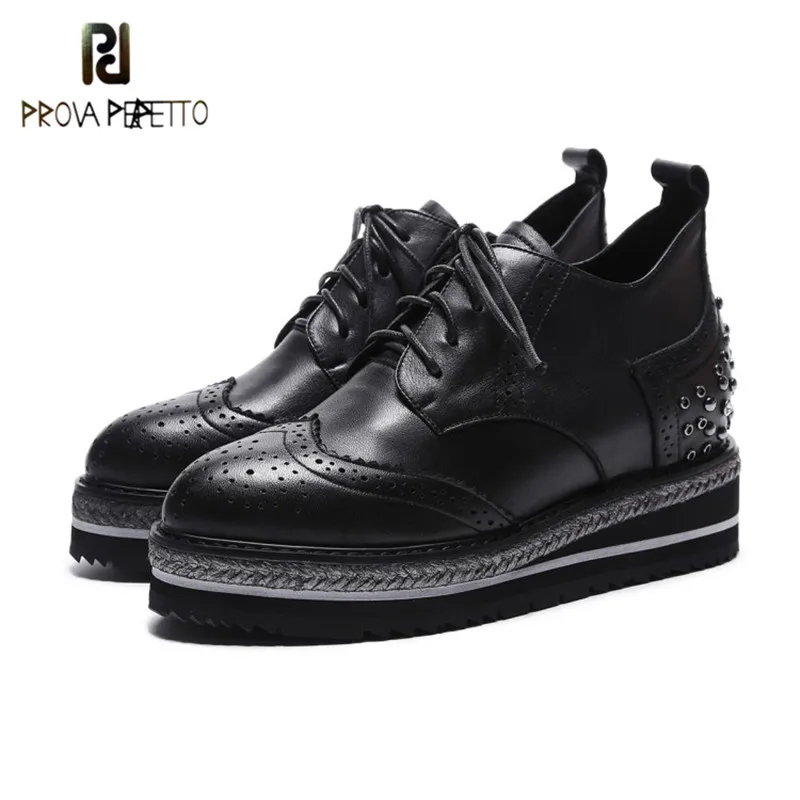 

Prova Perfetto 2018 British Style Point Toe Genuine Leather Flange Woman Shoes Black Lace-up Wedge Heel Sewing Women Rome Shoes