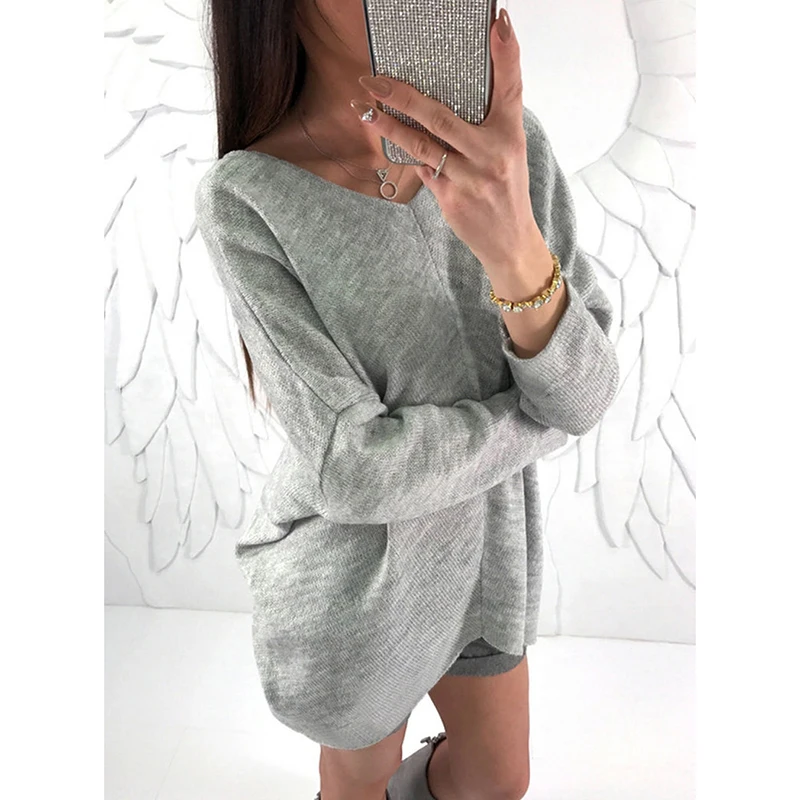 

FLYMALL Winter Women Dresses Solid V-Neck Knitted Dress Loose Casual Comfortable Fitness Dresses Girl Long Sleeve Pullovers