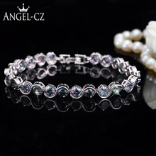 Бренд ANGELCZ, роскошные ювелирные изделия из кубического циркония, натуральный Радужный камень, Классический круглый вырез, проложили 925 серебро, женский браслет, браслет AB073