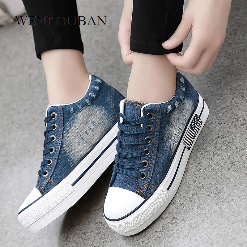 

Fashion Sneakers Women Vulcanized Shoes Denim Casual Platform Shoes Basket Femme Summer Canvas Shoes Ladies Wedage Trainers 2019