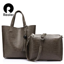 REALER brand 2pcs/set women bag large handbag with tassel artificial leather tote bag female small shoulder bag purse Black