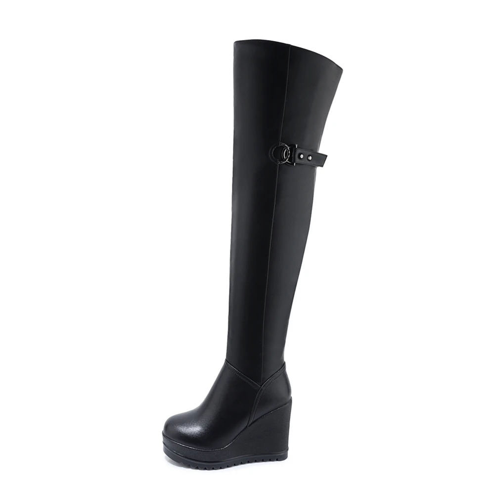 brand quality genuine cow leather winter boots woman shoes wedge high heels zipper shoes woman over the knee boots women shoes