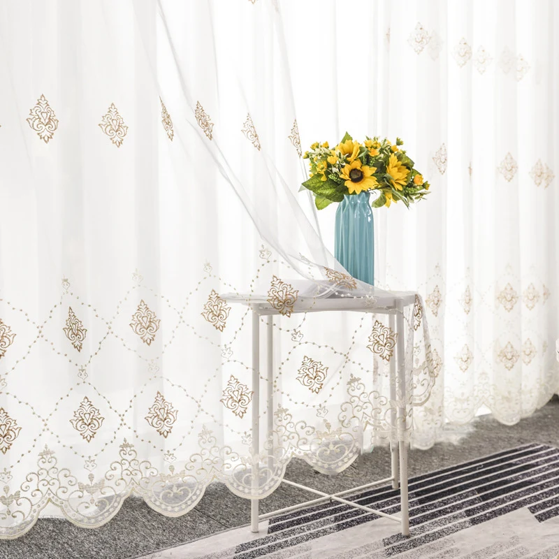 Koop Europese Stijl Geborduurde Kant Sheer Gordijnen Tule Gordijnen Voor Keuken Woonkamer Slaapkamer Wit Voile Voor Cafe M068 #4