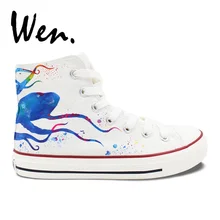 Вэнь Дизайн Пользовательские Ручная роспись обувь синий Осьминог для мужчин и женщин высокие белые парусиновые кроссовки для мальчиков и девочек
