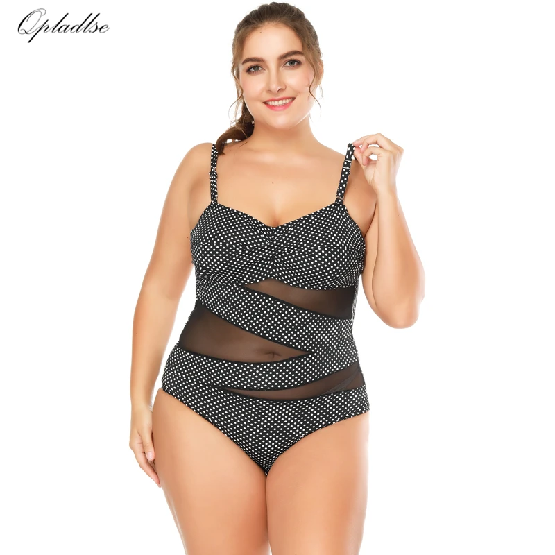 Sexy Mesh Plus Size Swimwear Women One Piece Swimsuit 2019 New Bather Dot Bathing Suit May