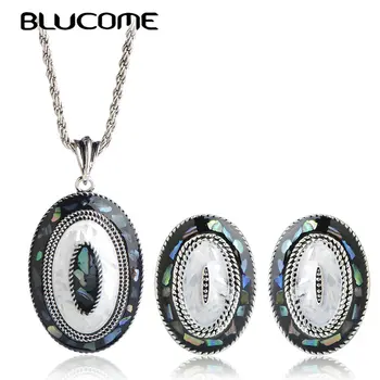 

Blucome Luxury Abalone Shell Jewelry Sets Round Pendant Necklace French Hooks Stud Earrings Set Women Party Anniversary Gifts