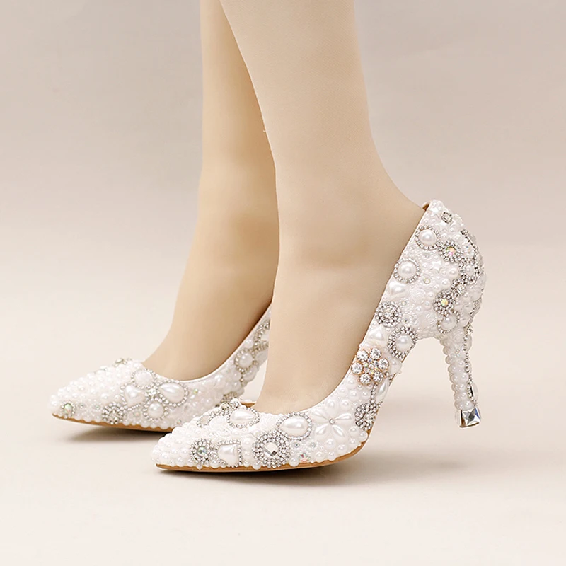 Gorgeous Design White Pearl Wedding Shoes Pointed Toe Bridal Dress Shoes Beautiful Women Prom Party Pumps