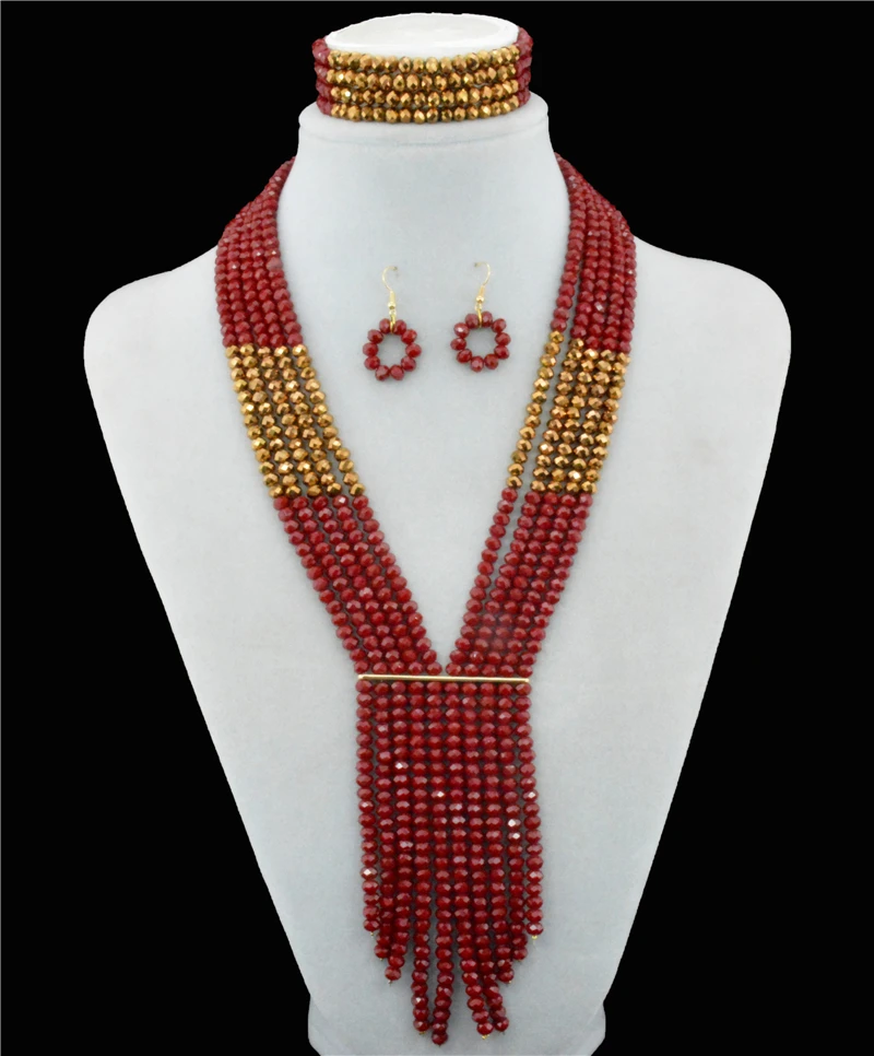 

2016 Fashion Mix Color Gold Red african crystal beads necklace set nigerian wedding african beads jewelry set Free shipping