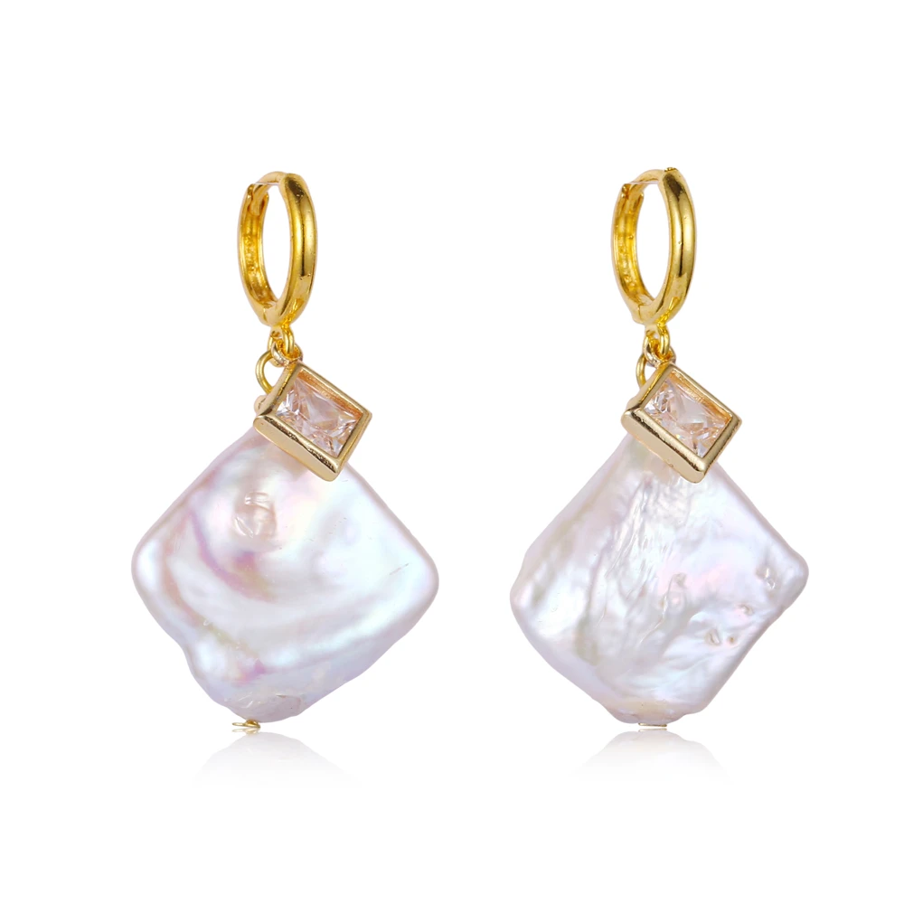 

New Arrival Irregular Rhombus Natural Freshwater Pearl Drop Earrings Gold Plating Crystal Pearl Drop Dangle Earrings For Women
