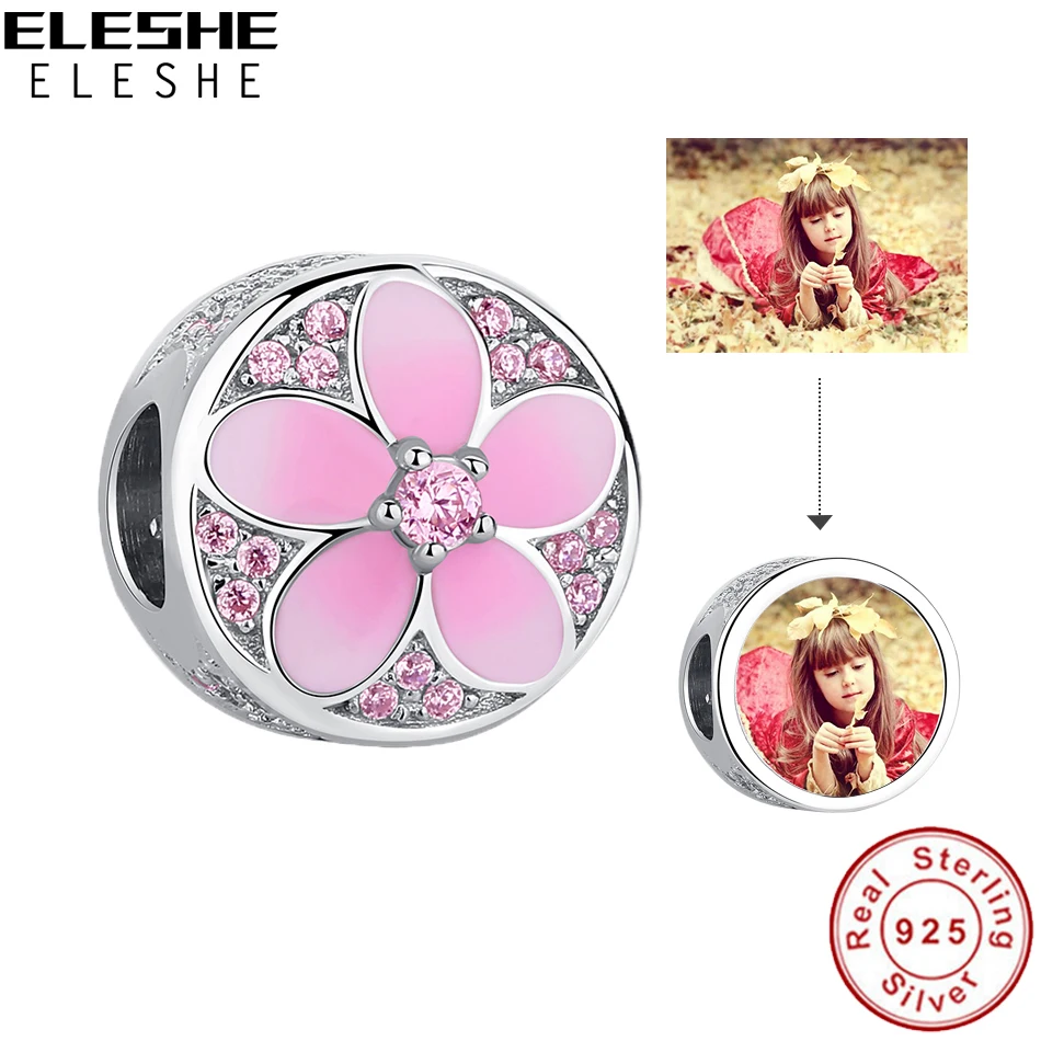 

Authentic 925 Sterling Silver Charms Pink Enamel CZ Flower Bead Fit Charm Bracelet Personalized Custom Photo DIY Jewelry