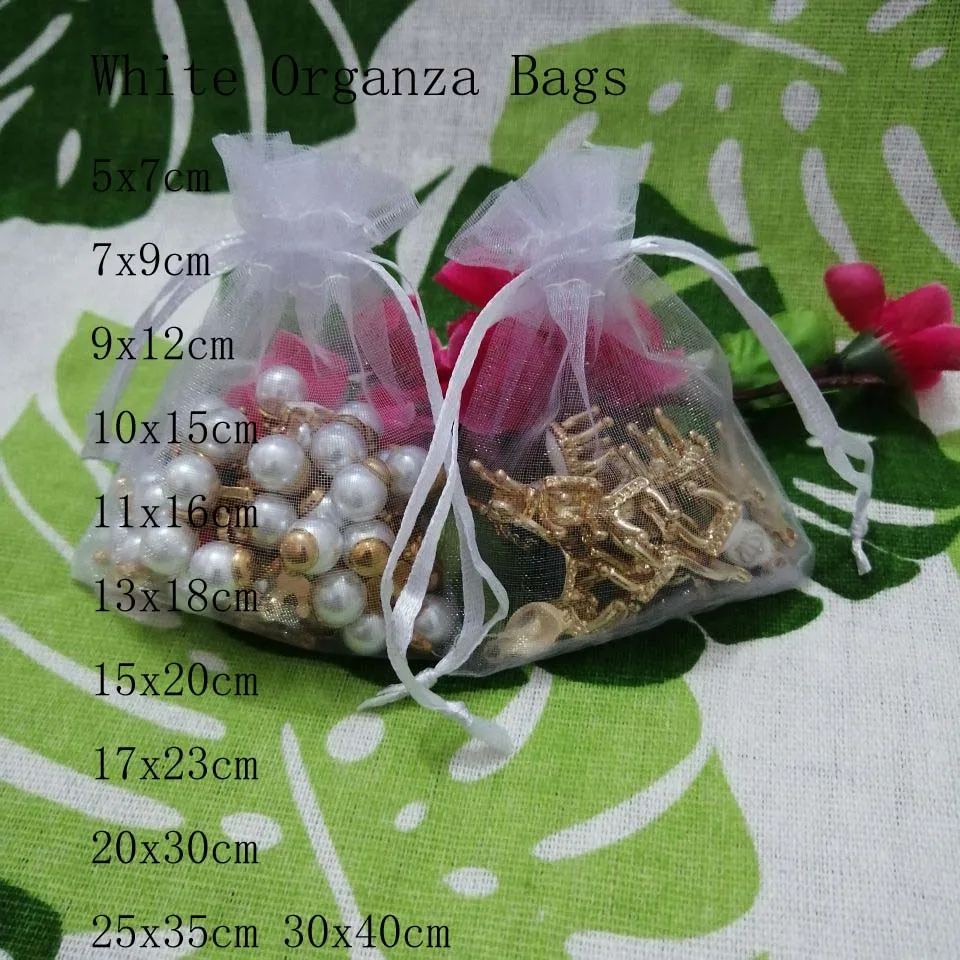 

White Organza Bags 100pcs/Lot 7x9 9x12 10x15 13x18 15x20 17x23 cm Jewelry Drawstring Bags Christmas/Wedding/Gift Packing Bags