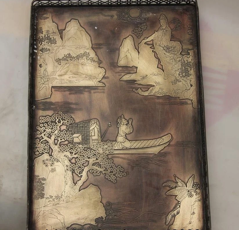 

China Royal Old Bronze Copper Fisherman Apology Kwan-yin Guanyin Dish Plate Tray
