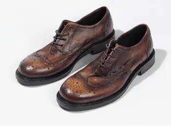 

Dress Shoes Men Lace Up Genuine Leather Smart Casual Carved Brogue shoes Handmade Luxury Platform Height Increasing Shoes