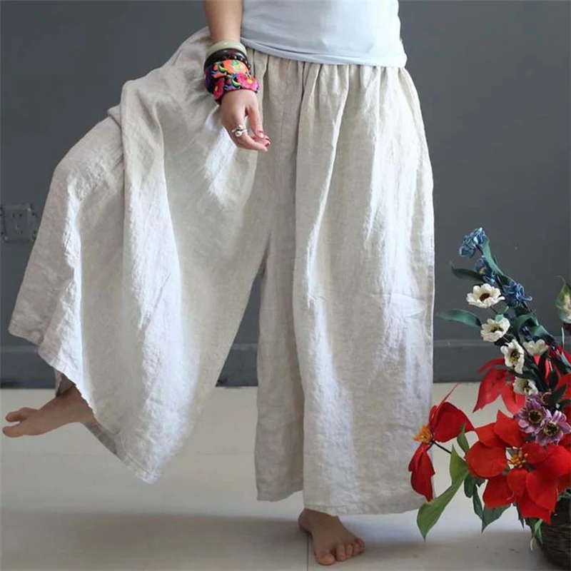 WUZHONGREN Casual Women Linen Plus Size Pleated Pants Women Soft Autumn Loose Cotton Wide Leg Pants Trousers Plus Size Pants