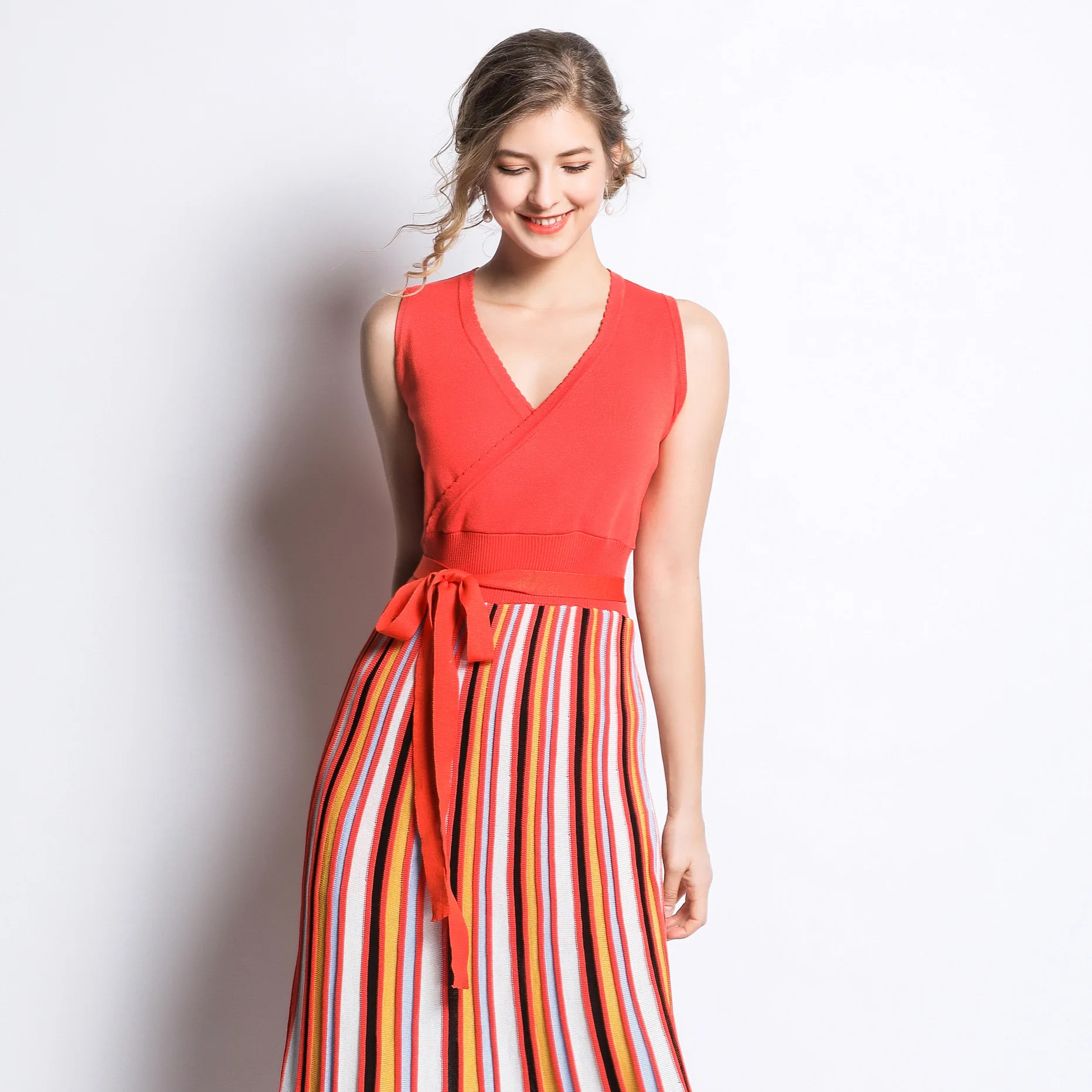 

Knitted Striped V Neck Sleeveless Bow Sashes Tunic Maxi Dress Women Elegant Sexy Party Fashion Beach Tank Dress Summer Sundress