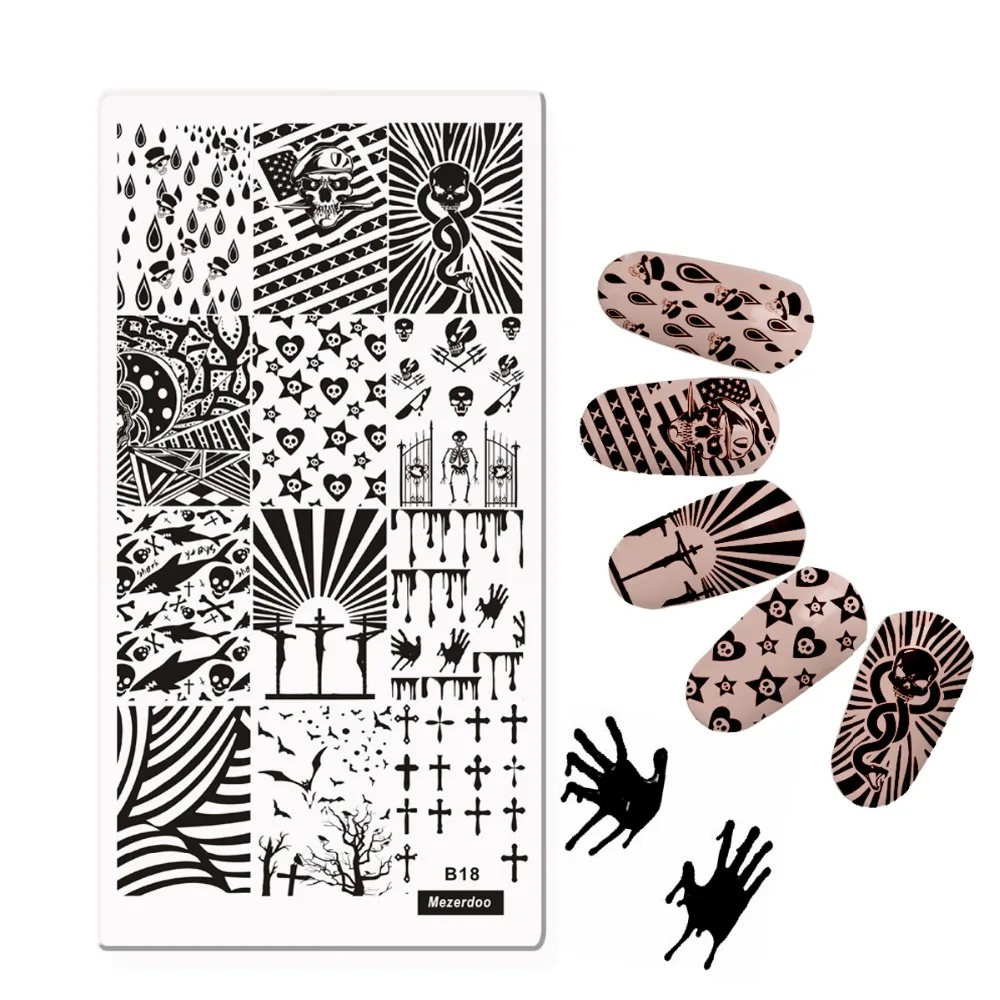 

Horror Skull Nail Art Decals Nail Stamping Template Bloody Cross Pattern Polish Transfer Image Manicure Plate Tool Mezerdoo B18