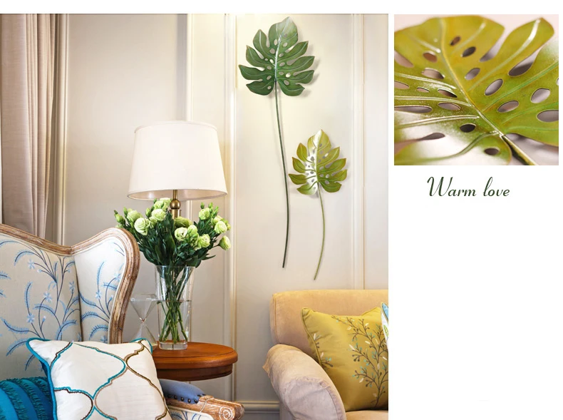 Современные кованые зеленые листья, настенные подвесные украшения для дома, гостиной, настенные фрески, украшения для отеля, кафе, 3D стикер на стену, поделки