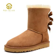 tall warm winter Women’s cowhide cow leather Bow bowknot snow boots ties new Ladies outdoor strap shoes flat warm shoes chestnut