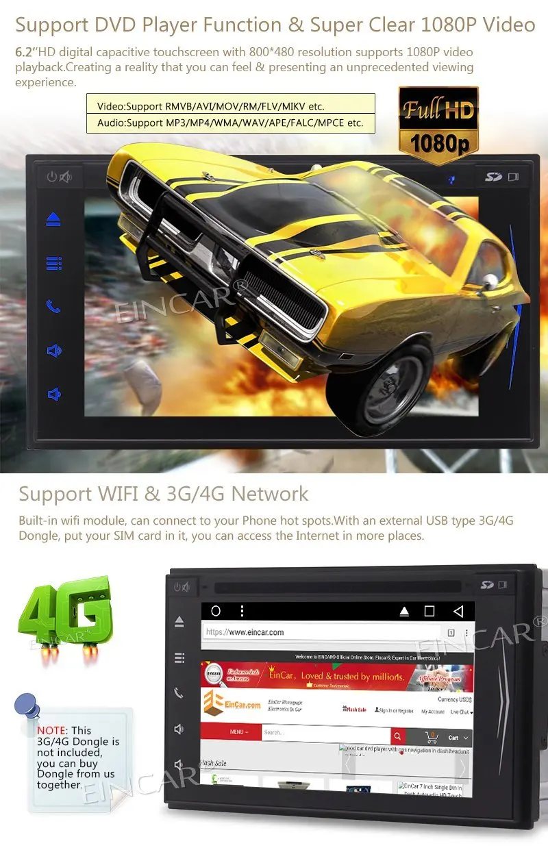 Eincar GPS навигации стерео android7.1 нуга Двойной Дин Bluetooth 6.2 ''dvd плеер автомобиля 1080 P