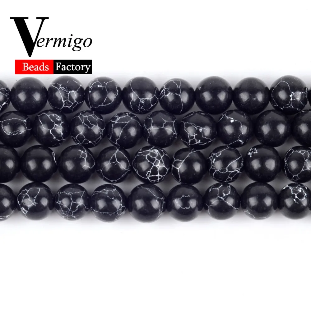 4, 6, 8, 10, 12 мм, черные бирюзовые бусины из треснутых минералов, камни для самостоятельного изготовления ювелирных изделий, браслет, ожерелье, 1" прядь