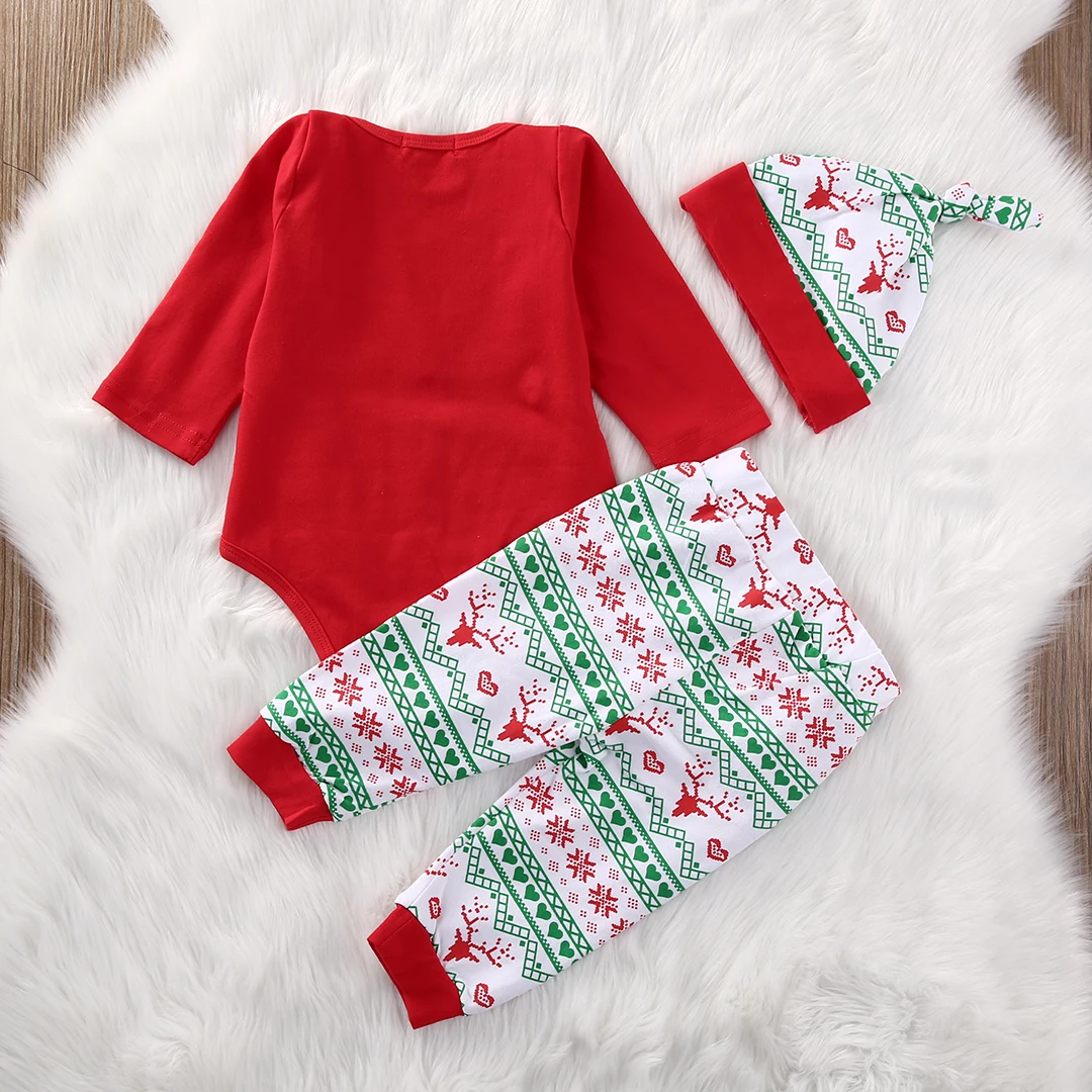 Коллекция года, Рождественская Одежда для новорожденных мальчиков и девочек комбинезон с длинными рукавами, штаны, леггинсы, шапка, комплект из 3 предметов Bebek Giyim