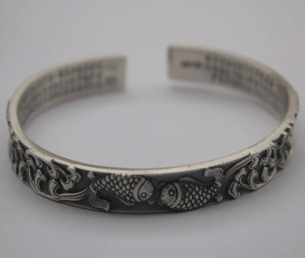 

Pure Sterling Silver S999 Bangles For Women Double Fish Craft Unique Best Gift Retro Chinese Bangle 60mm Pattern Carved