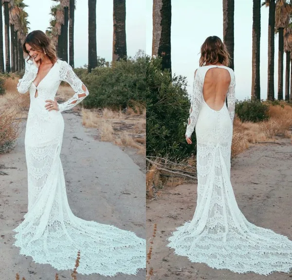 2017 New Romantic Bohemian Wedding Dresses Sexy Deep V Neck Open Back Long Sleeves Full Lace Wedding Dress Summer Beach Bridal Gowns