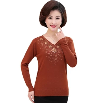 

Spring Autumn Middle Aged Women V-neck Knitted Sweater Pullover Female Print Diamond Long Sleeve Cashmere Basic Knit Shirt F604