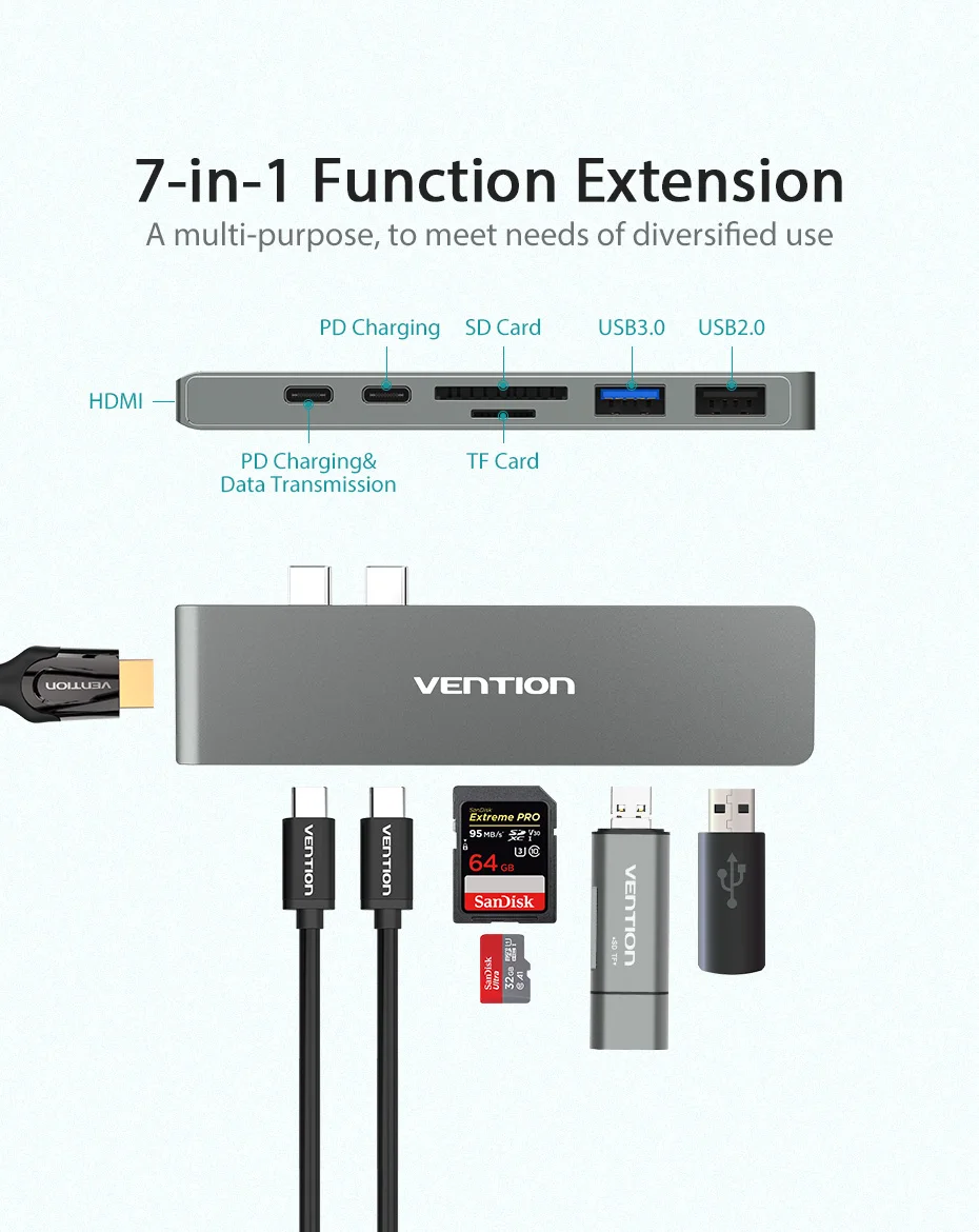 Адаптер Vention USB C с двумя портами type-C-HDMI 4K USB 3,0 SD/TF PD Thunderbolt 3 для MacBook Pro Air / type-C