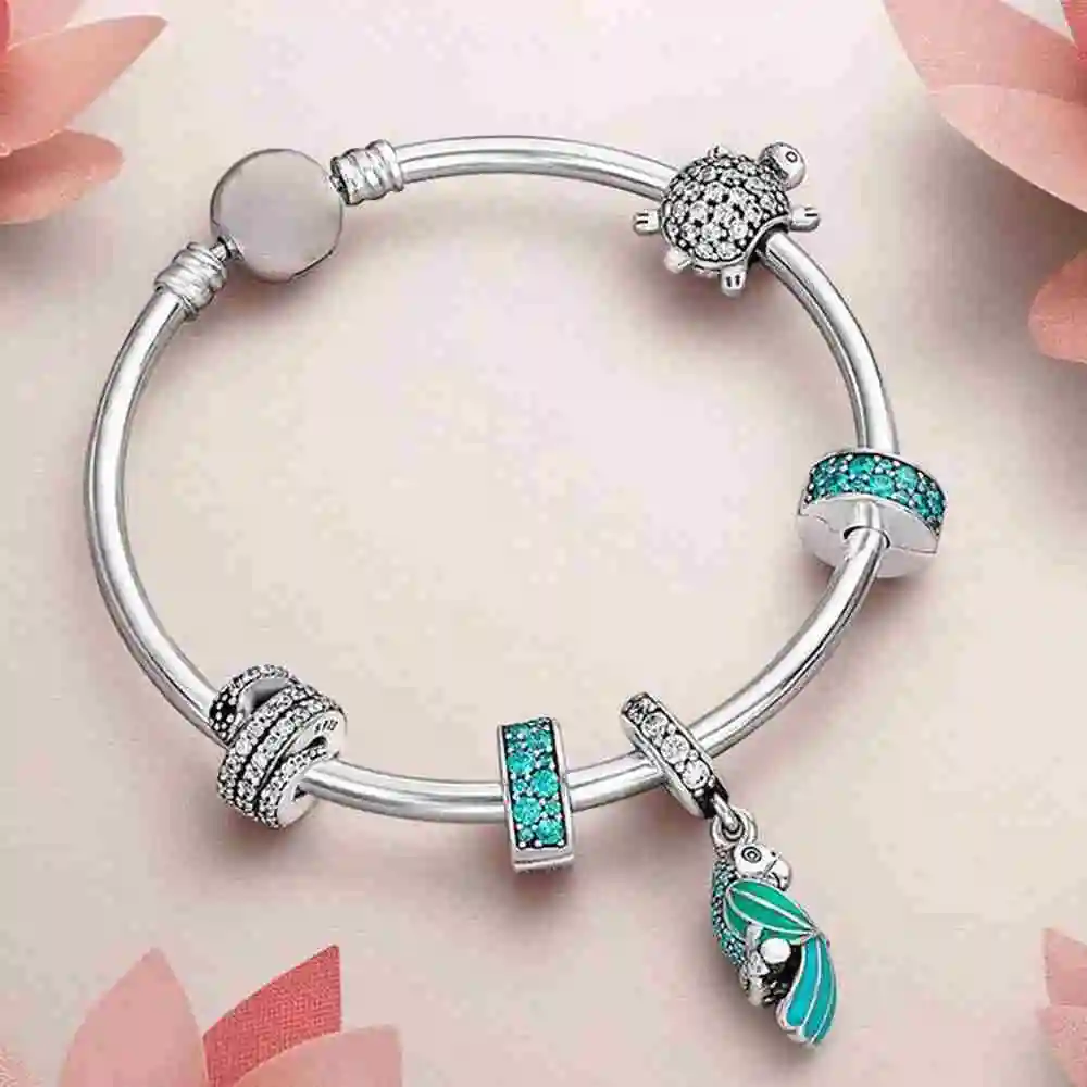 

Kristie 100% 925 Sterling Silver 1:1 Turtle with cubic Beaded TROPICAL PARROT HANGING CHARM Bangle Natural Charm Gift Set