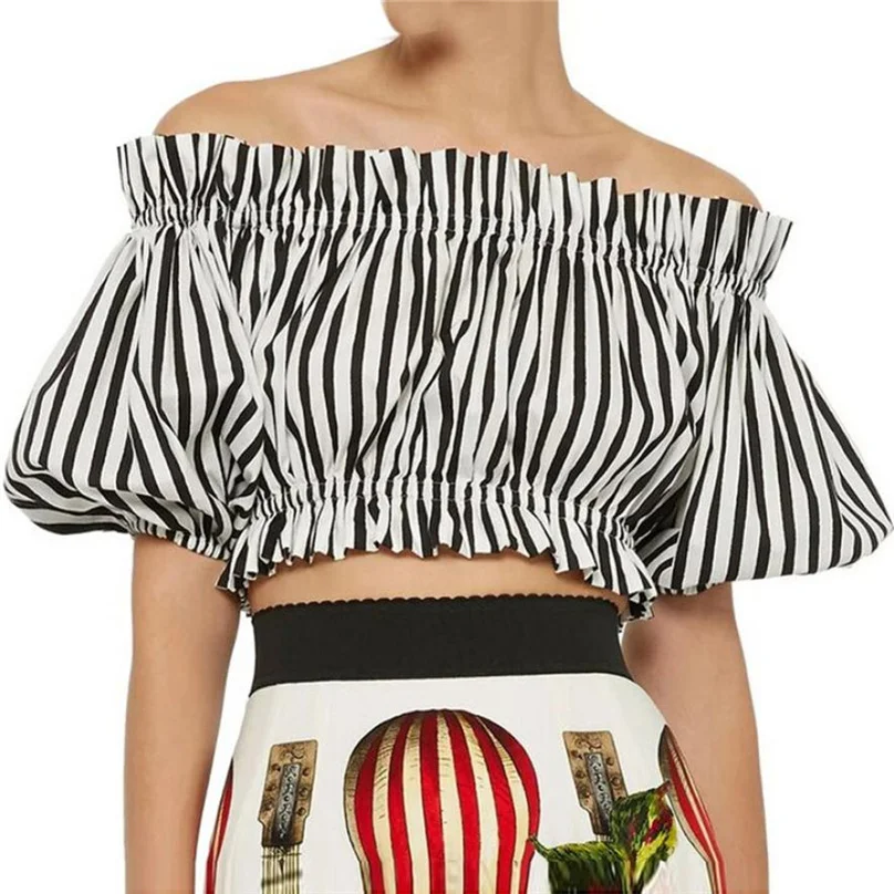 

Womens Off Shoulder Sexy Slash Neck Striped Blouses Shirts Casual Short Latern Sleeve Basic Crop Tops Tees for wholesale LF#0