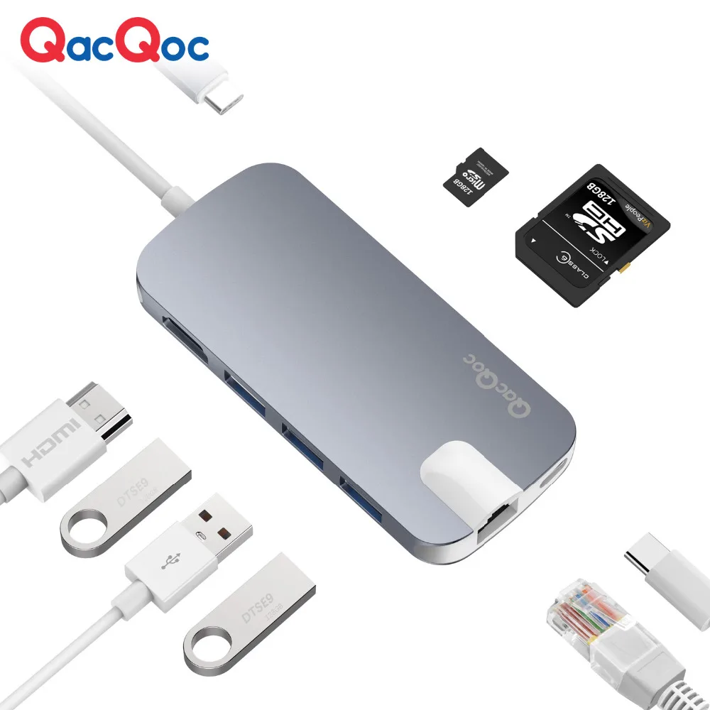 

QacQoc GN30H Aluminium USB C Hub with 4K HDMI Card Reader 3 USB 3.0 Port RJ45 Port Type-C Power delivery for Macbook/pro adapter